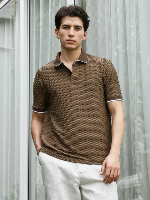 HookdBrown Textured Polo T-shirt with Contrasting Accents
