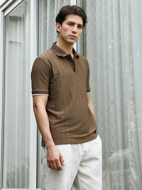 HookdBrown Textured Polo T-shirt with Contrasting Accents