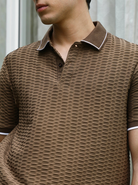 HookdBrown Textured Polo T-shirt with Contrasting Accents