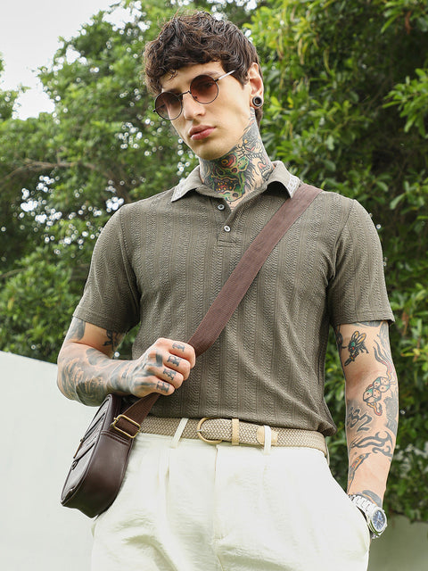 HookdOlive Green Textured Polo T-shirt for Men