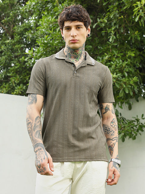 HookdOlive Green Textured Polo T-shirt for Men