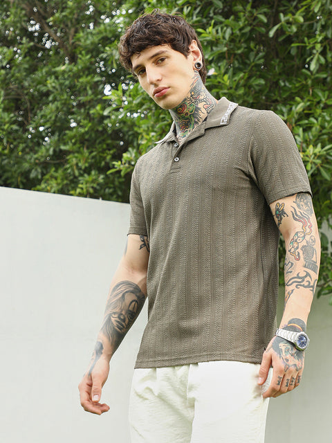 HookdOlive Green Textured Polo T-shirt for Men