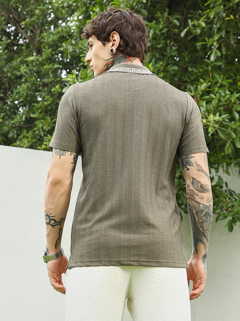 HookdOlive Green Textured Polo T-shirt for Men