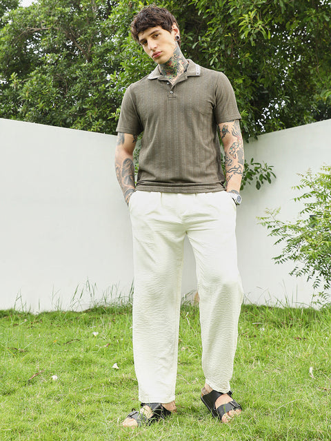 HookdOlive Green Textured Polo T-shirt for Men