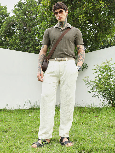 HookdOlive Green Textured Polo T-shirt for Men