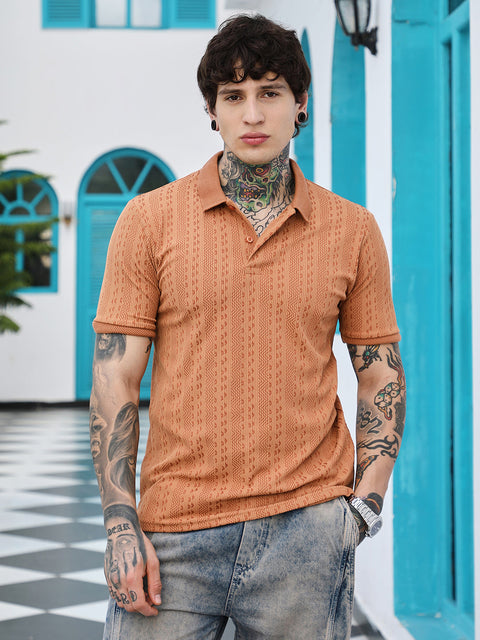 Hooked Geometric-Folk Knitted Polo T-Shirt