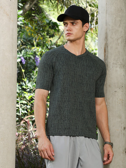 HookdEmerald Green & Midnight Black Contrast-Heathered Knitted T-Shirt