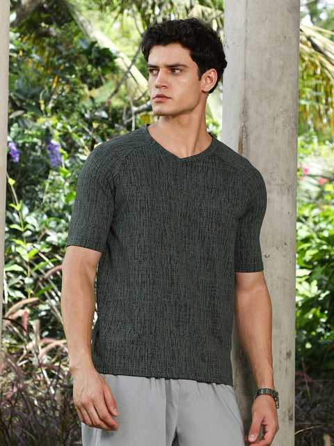 HookdEmerald Green & Midnight Black Contrast-Heathered Knitted T-Shirt