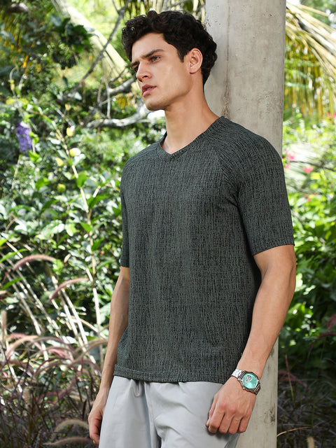 HookdEmerald Green & Midnight Black Contrast-Heathered Knitted T-Shirt