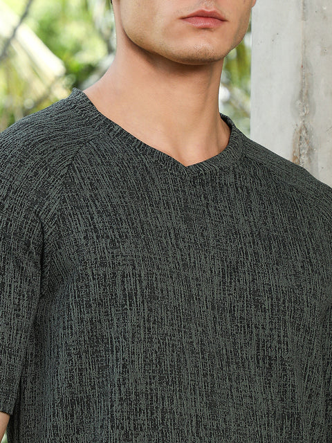 HookdEmerald Green & Midnight Black Contrast-Heathered Knitted T-Shirt