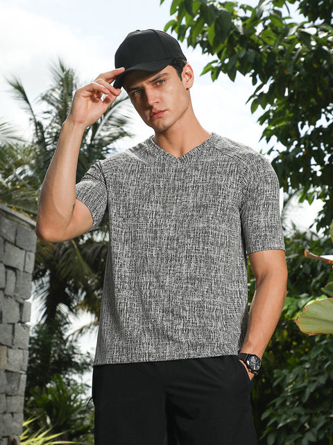 Behookd Coin Grey & Midnight Black Contrast-Heathered Knitted T-Shirt
