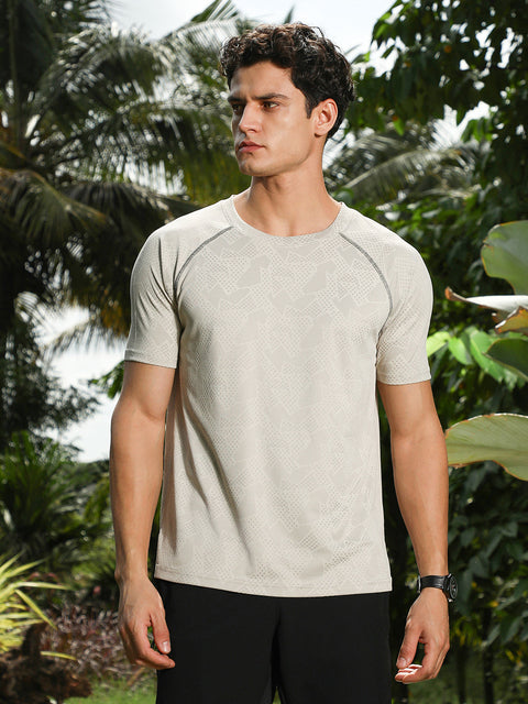 Known Saltbox Beige Abstract-Imprint Activewear T-Shirt