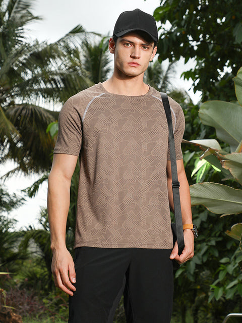 OneKind Mocha Brown Abstract-Imprint Activewear T-Shirt