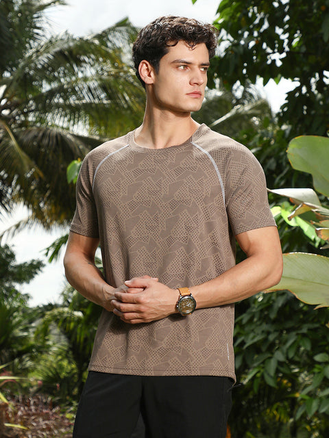 OneKind Mocha Brown Abstract-Imprint Activewear T-Shirt