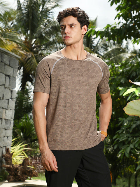 OneKind Mocha Brown Abstract-Imprint Activewear T-Shirt