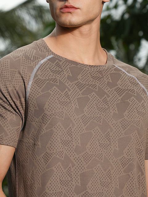 OneKind Mocha Brown Abstract-Imprint Activewear T-Shirt