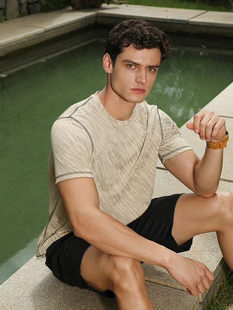 OneKind Sand Beige Plash-Imprint Activewear T-Shirt