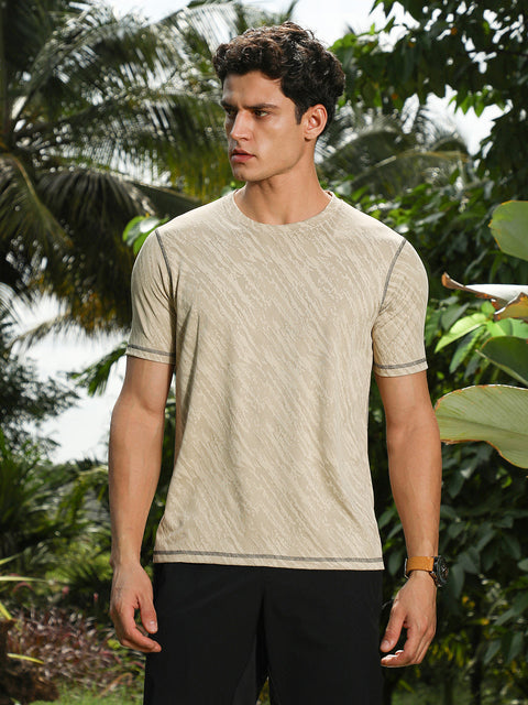 OneKind Sand Beige Plash-Imprint Activewear T-Shirt