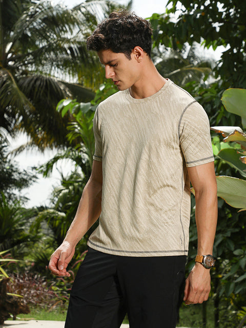 OneKind Sand Beige Plash-Imprint Activewear T-Shirt