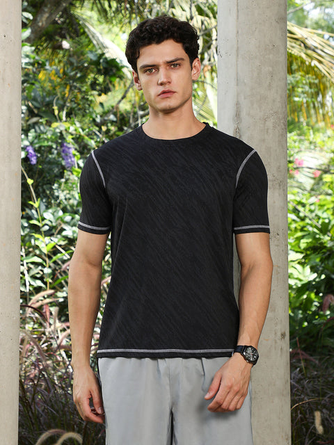 OneKind Onyx Black Plash-Imprint Activewear T-Shirt
