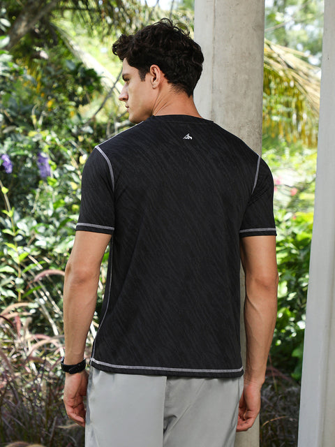 OneKind Onyx Black Plash-Imprint Activewear T-Shirt