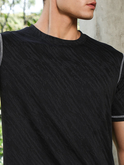 OneKind Onyx Black Plash-Imprint Activewear T-Shirt