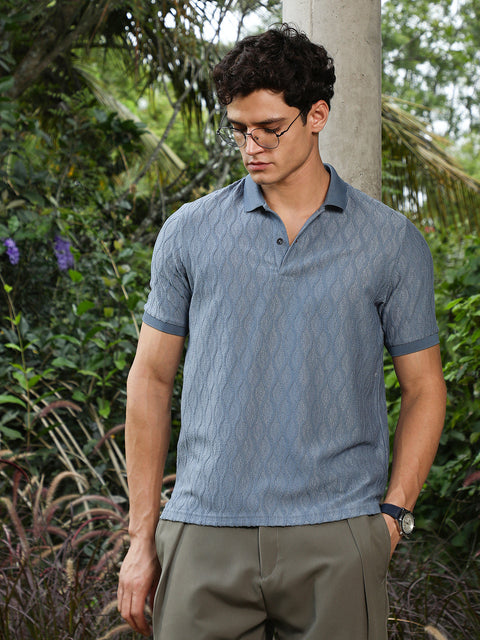 Hooked Steel Blue Marquise-Tactile Knit Polo T-Shirt