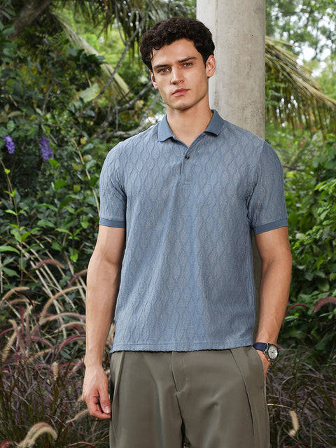 Hooked Steel Blue Marquise-Tactile Knit Polo T-Shirt