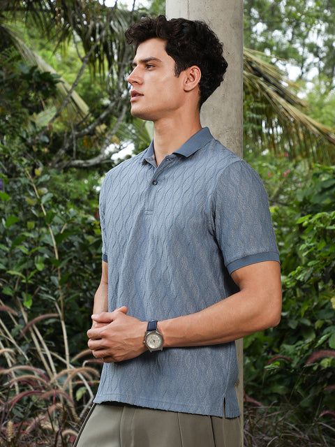 Hooked Steel Blue Marquise-Tactile Knit Polo T-Shirt