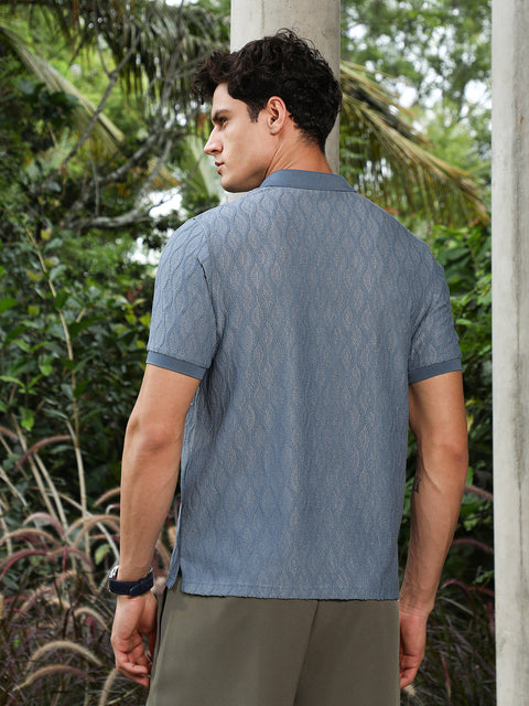Hooked Steel Blue Marquise-Tactile Knit Polo T-Shirt
