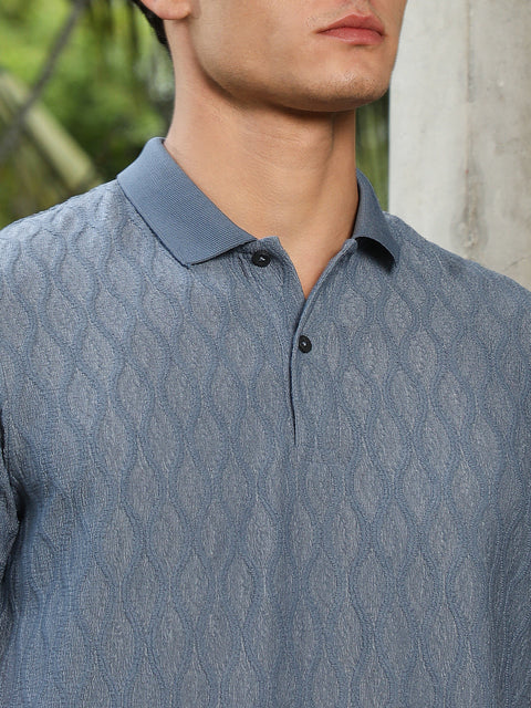 Hooked Steel Blue Marquise-Tactile Knit Polo T-Shirt