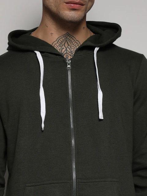 Forest Green Zip-Front Hoodie With Contrast Drawstring