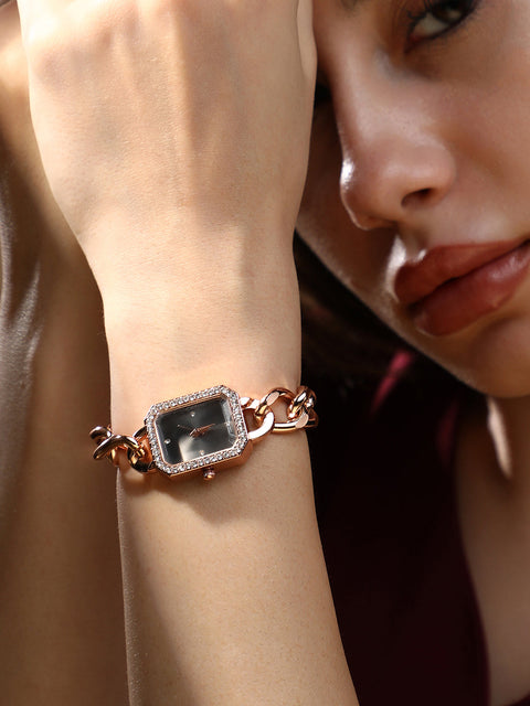 Sohi - The Chainlink Gem Rectangular Watch - Rose Gold