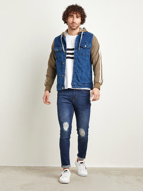 STARCAST Medium-Wash Denim Jacket With Sweatshirt Sleeve