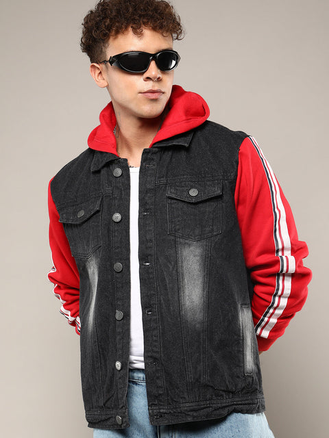 CTRL CLUB Dark-Wash Denim Jacket With Sweatshirt Sleeve