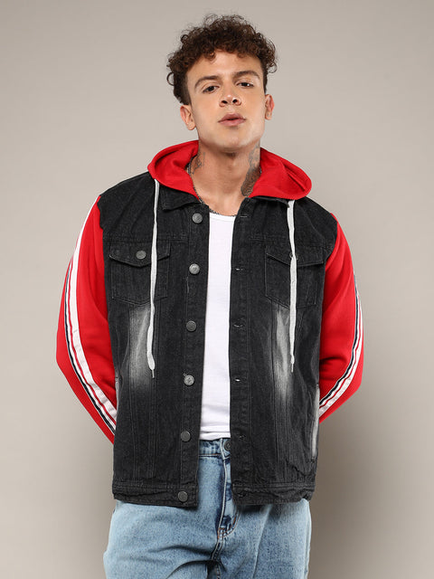 CTRL CLUB Dark-Wash Denim Jacket With Sweatshirt Sleeve