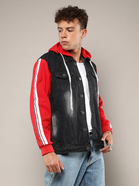 CTRL CLUB Dark-Wash Denim Jacket With Sweatshirt Sleeve