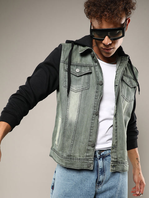 Behookd Light-Wash Denim Jacket With Sweatshirt Sleeve