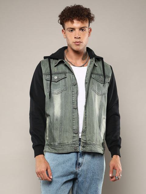 Behookd Light-Wash Denim Jacket With Sweatshirt Sleeve