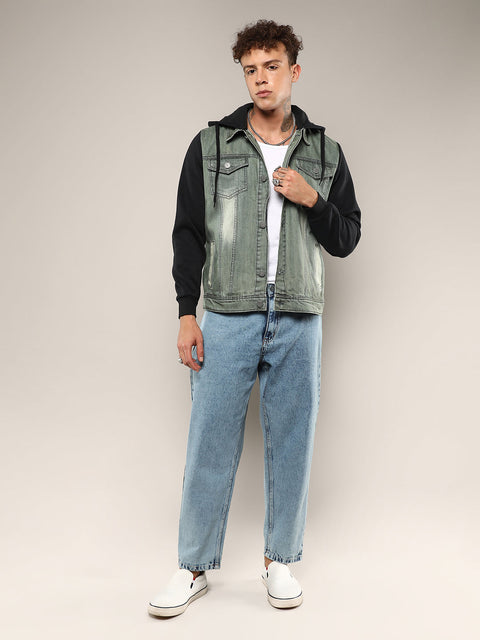 Behookd Light-Wash Denim Jacket With Sweatshirt Sleeve