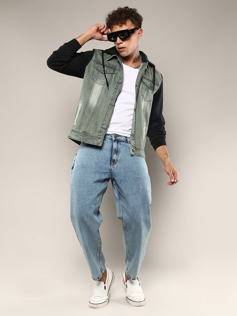 Behookd Light-Wash Denim Jacket With Sweatshirt Sleeve