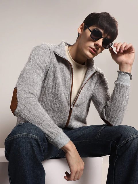 Hooked Self-Design Striped Knitted Jacket