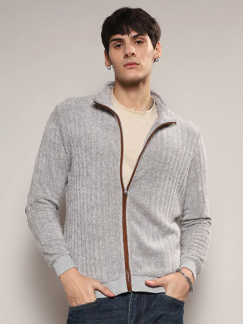 Hooked Self-Design Striped Knitted Jacket