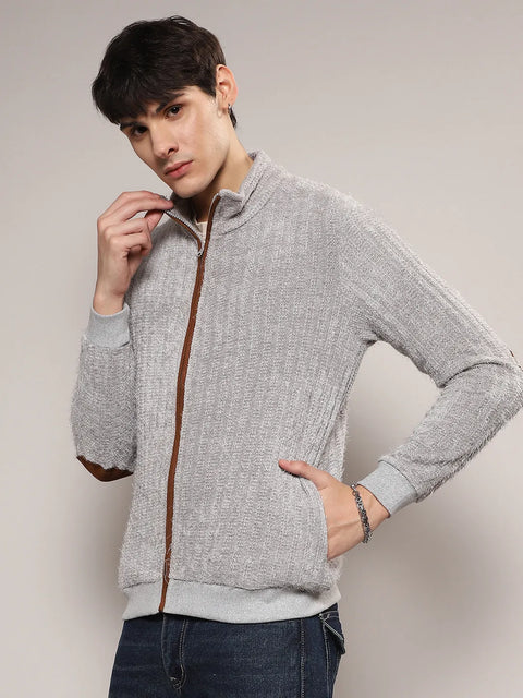 Hooked Self-Design Striped Knitted Jacket
