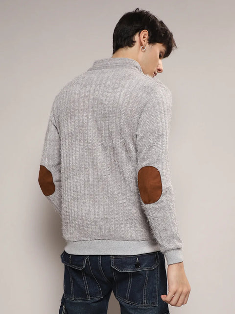 Hooked Self-Design Striped Knitted Jacket