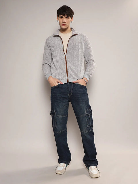 Hooked Self-Design Striped Knitted Jacket