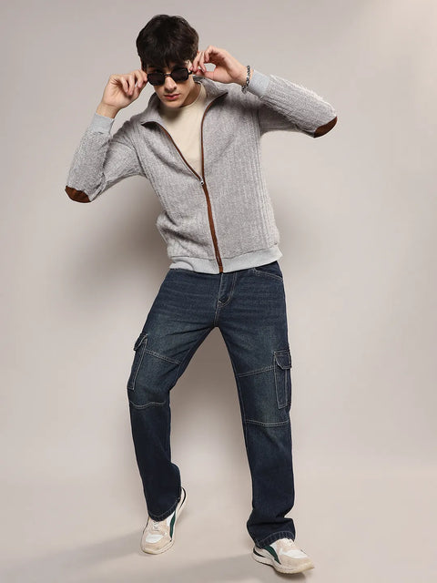 Hooked Self-Design Striped Knitted Jacket