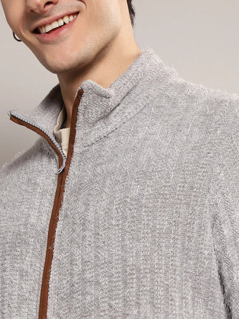 Hooked Self-Design Striped Knitted Jacket