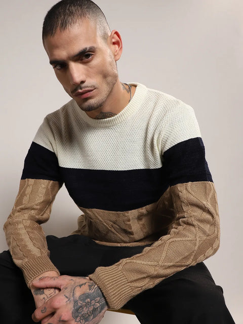 Just Be Contrast Panel Cable Knit Sweater