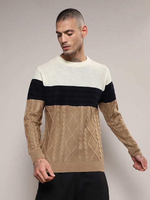 Just Be Contrast Panel Cable Knit Sweater
